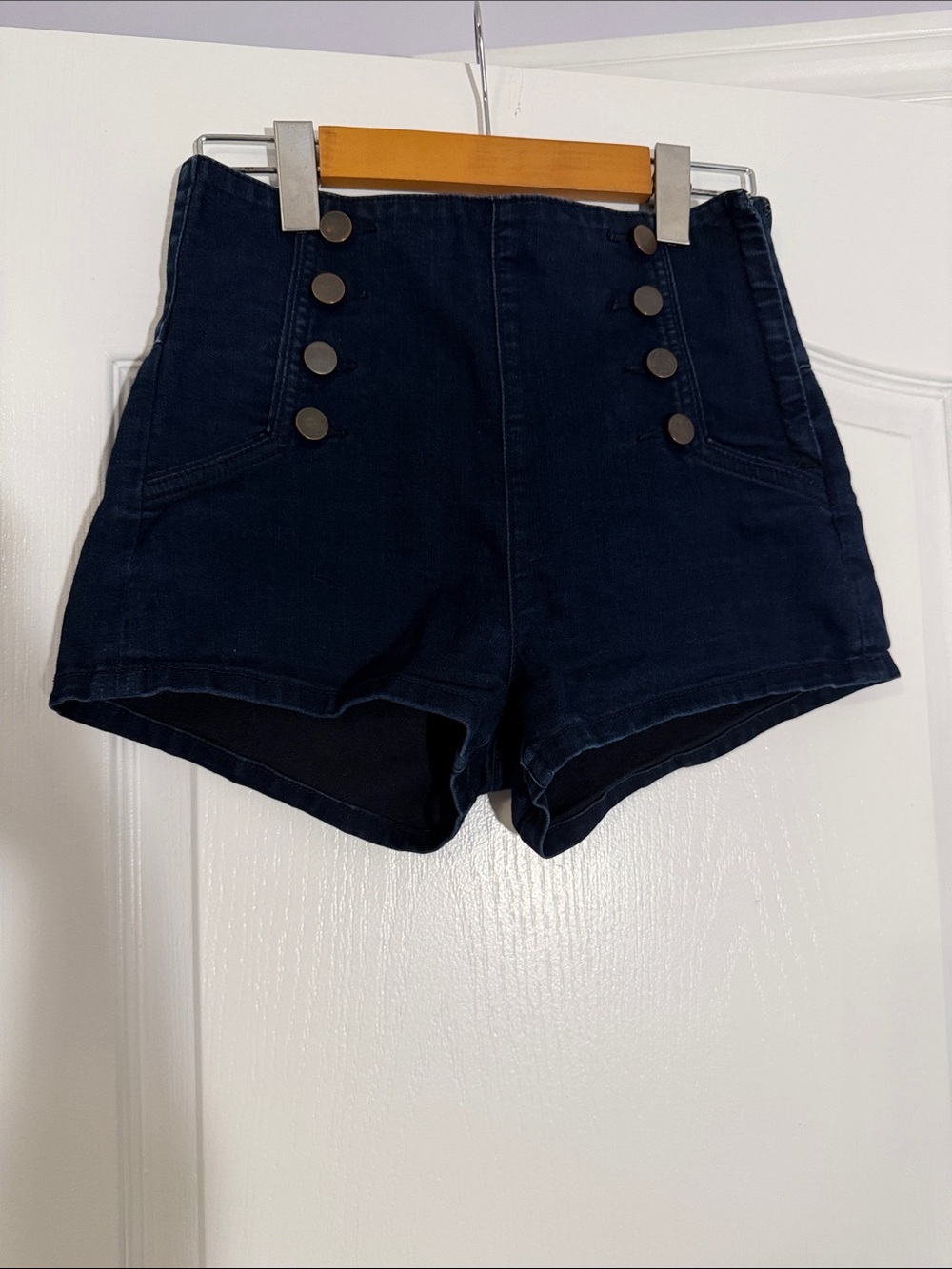 Forever 21 High Waisted Sailor Button Front Dark Wash Denim Shorts 26